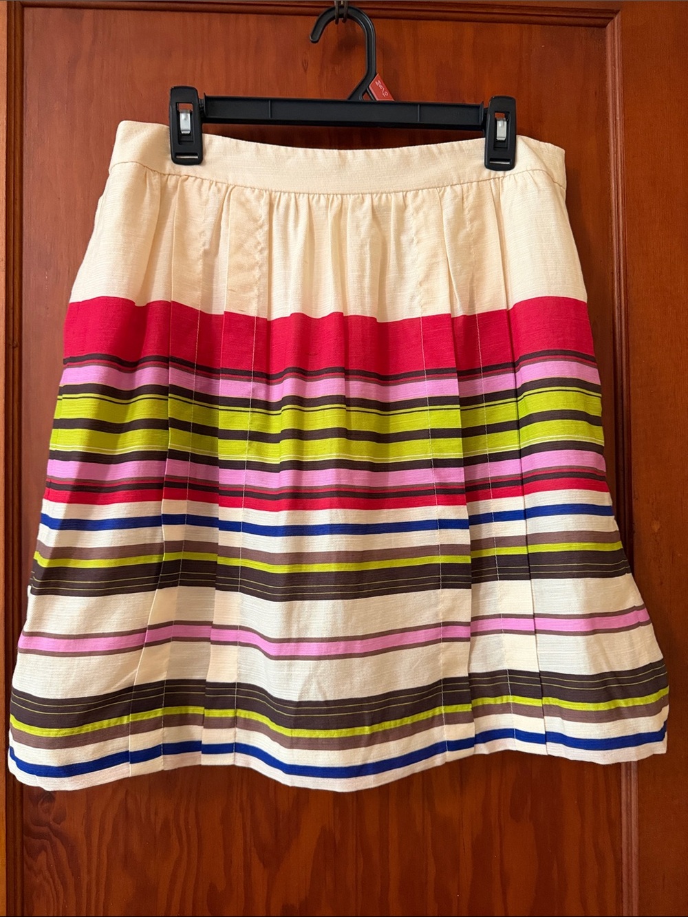 LOFT Cream A-Line Skirt with Pink, Lime, Navy and Brown Stripes